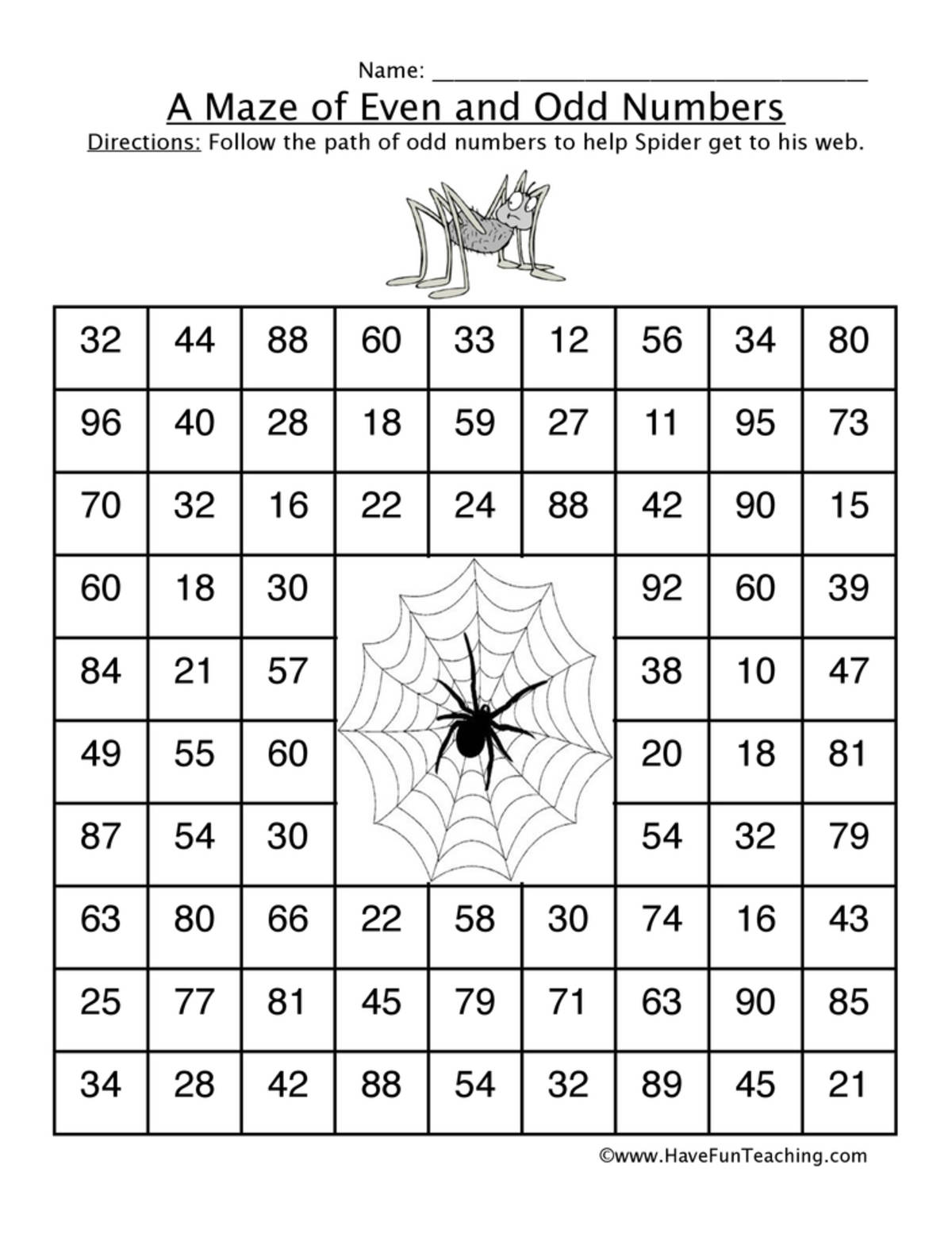 An educational teaching resource from Have Fun Teaching entitled Odd Number Spider Maze Worksheet downloadable at Teach Simple.