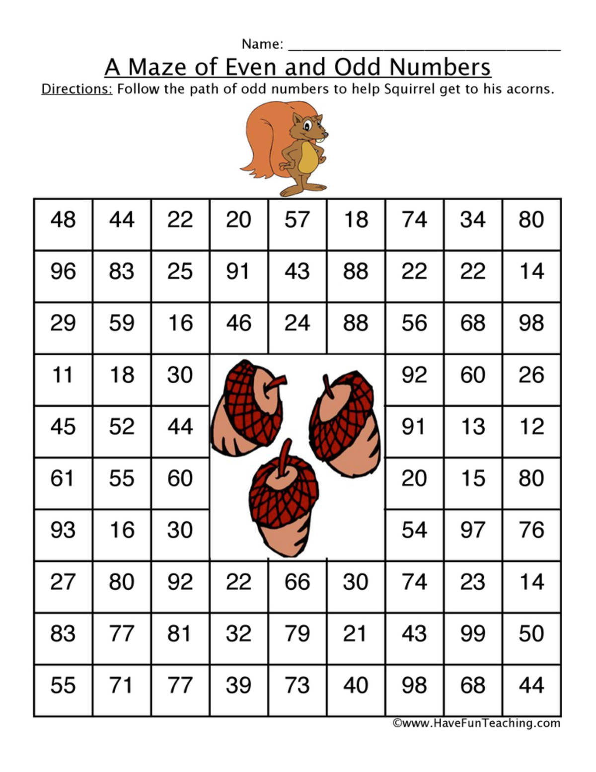 An educational teaching resource from Have Fun Teaching entitled Odd Number Squirrel Maze Worksheet downloadable at Teach Simple.