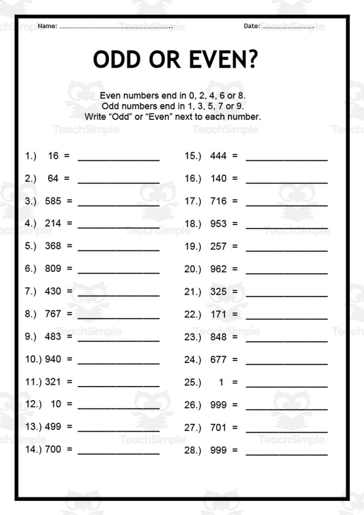 An educational teaching resource from Elementary Resources 4 U entitled Odd or Even Worksheet Set 2 downloadable at Teach Simple.