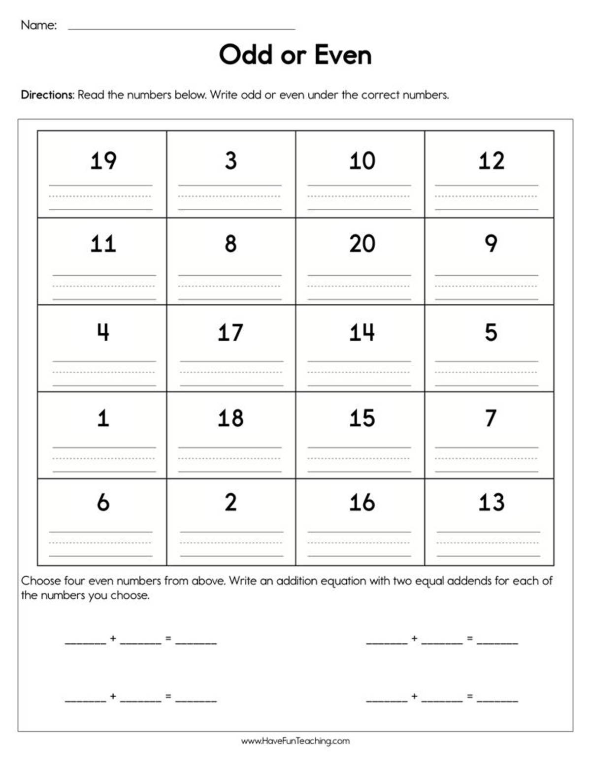 An educational teaching resource from Have Fun Teaching entitled Odd or Even Worksheet downloadable at Teach Simple.