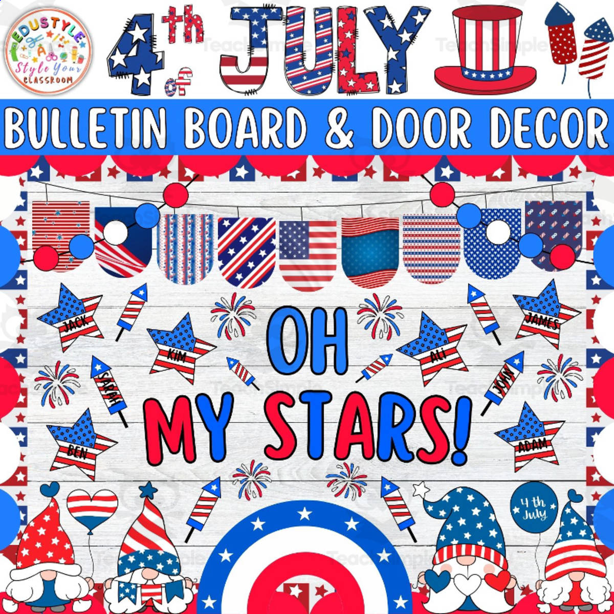 An educational teaching resource from Style Your Classroom entitled Oh My Stars!: Independence Day Bulletin Board And Door Decor Kit downloadable at Teach Simple.