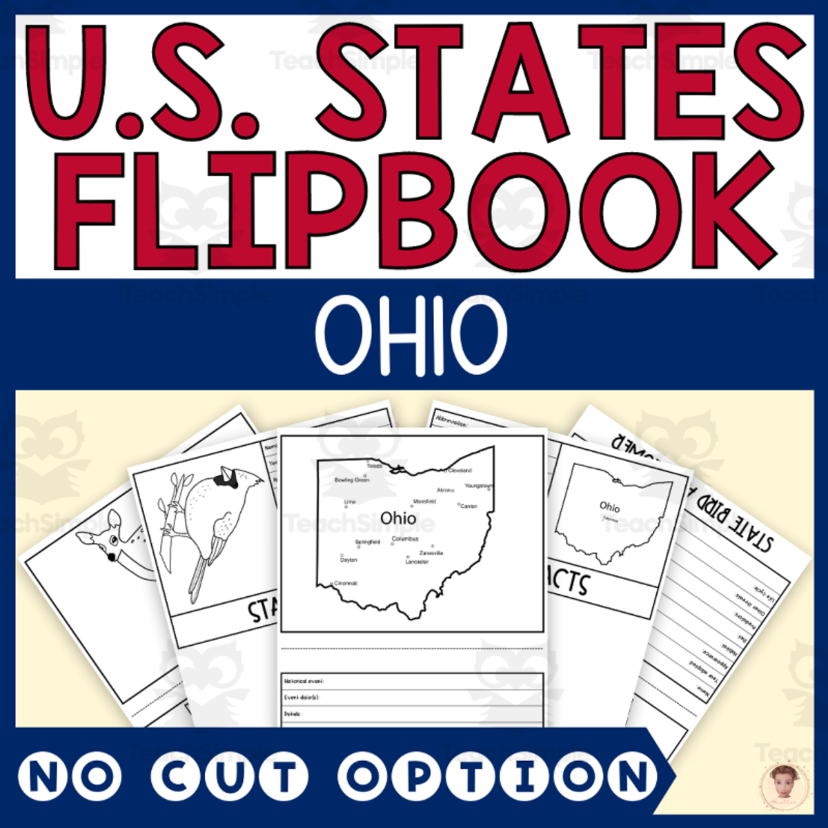 An educational teaching resource from Heather Huhman entitled Ohio State Flipbook (Capital, Bird, Flower, Flag, Animal) downloadable at Teach Simple.