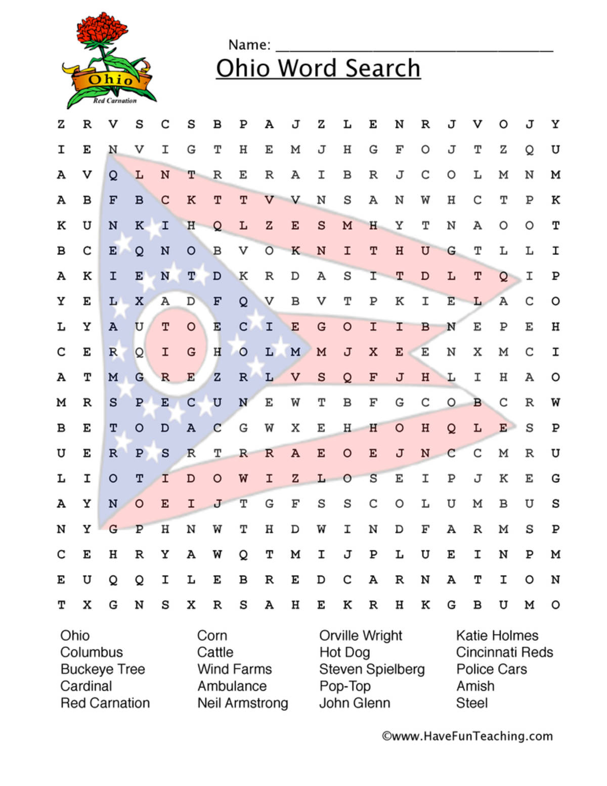 An educational teaching resource from Have Fun Teaching entitled Ohio Word Search Worksheet downloadable at Teach Simple.