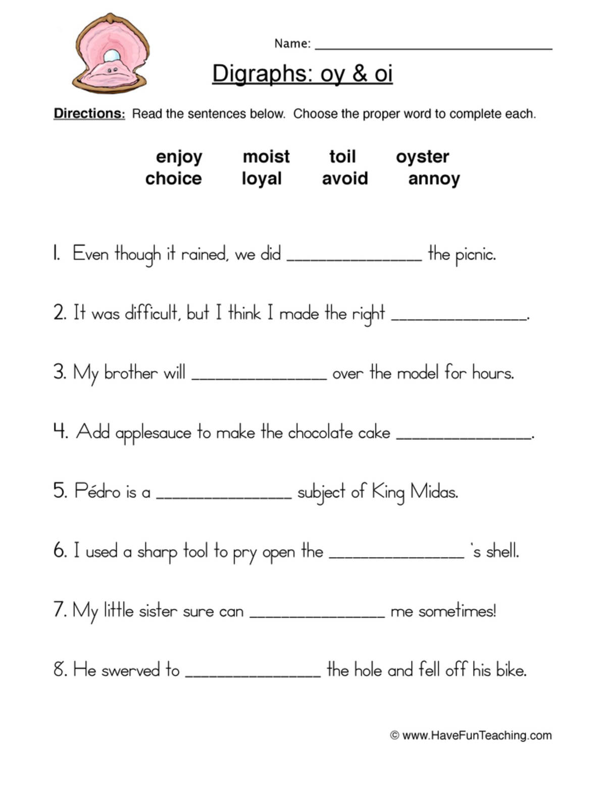 An educational teaching resource from Have Fun Teaching entitled OI OY Digraphs Worksheet downloadable at Teach Simple.