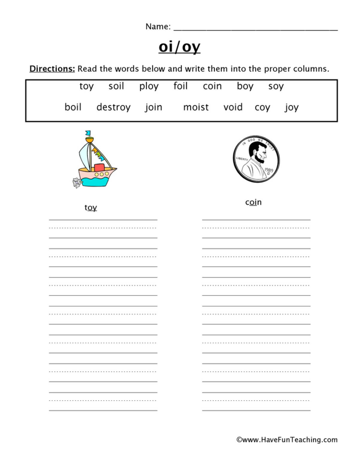 An educational teaching resource from Have Fun Teaching entitled OI OY Worksheet downloadable at Teach Simple.