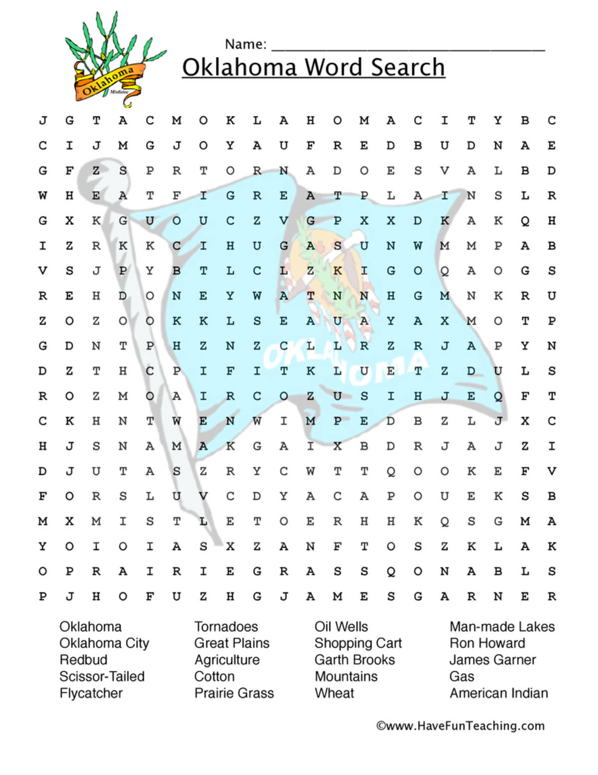 An educational teaching resource from Have Fun Teaching entitled Oklahoma Word Search Worksheet downloadable at Teach Simple.