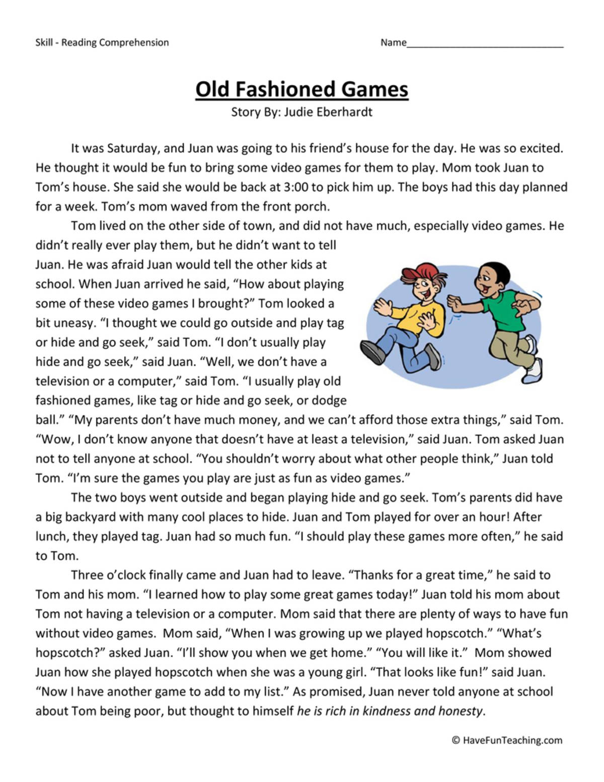 An educational teaching resource from Have Fun Teaching entitled Old Fashioned Games Reading Comprehension Worksheet downloadable at Teach Simple.