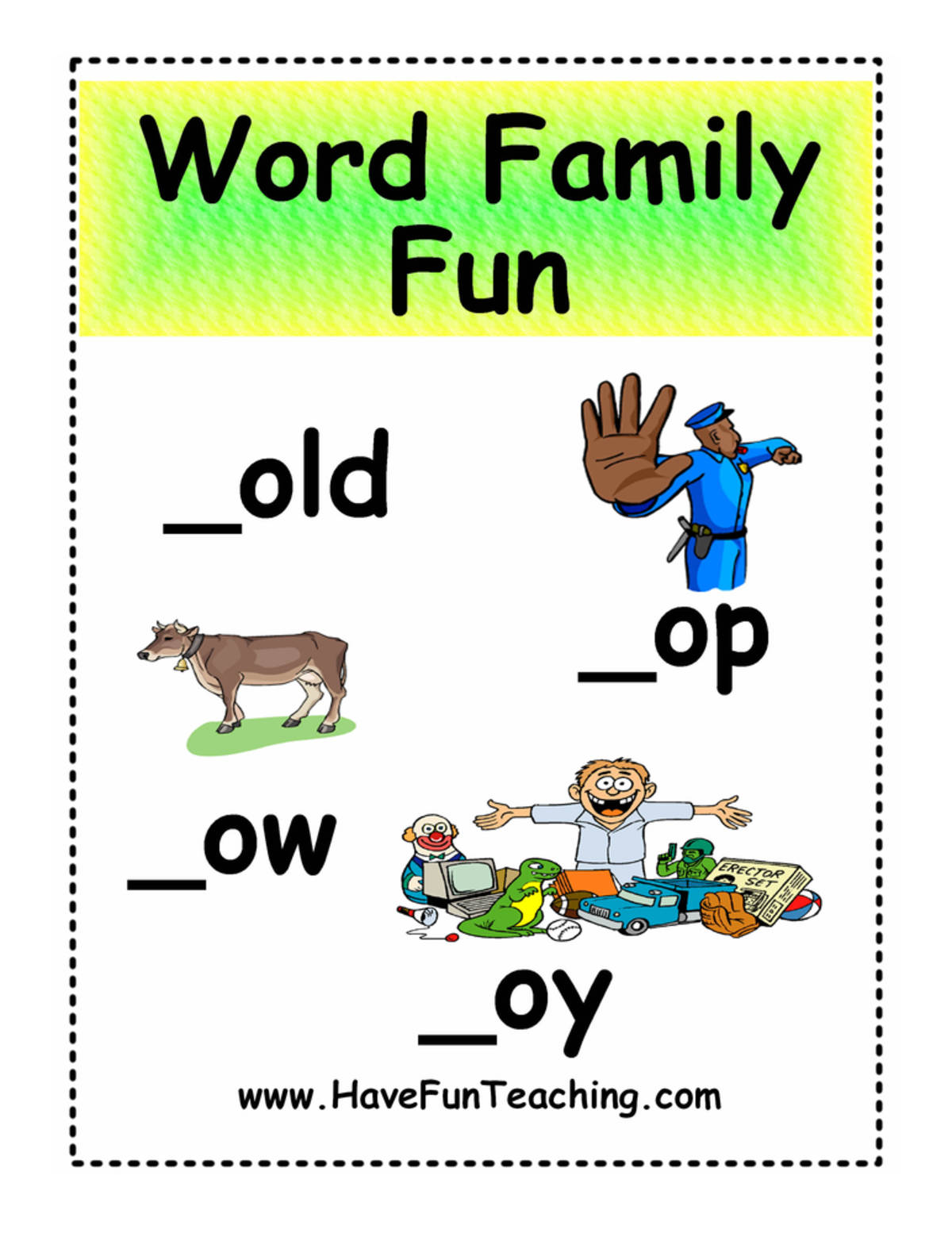 An educational teaching resource from Have Fun Teaching entitled OLD, OP, OW, OY Word Family Fun Activity downloadable at Teach Simple.