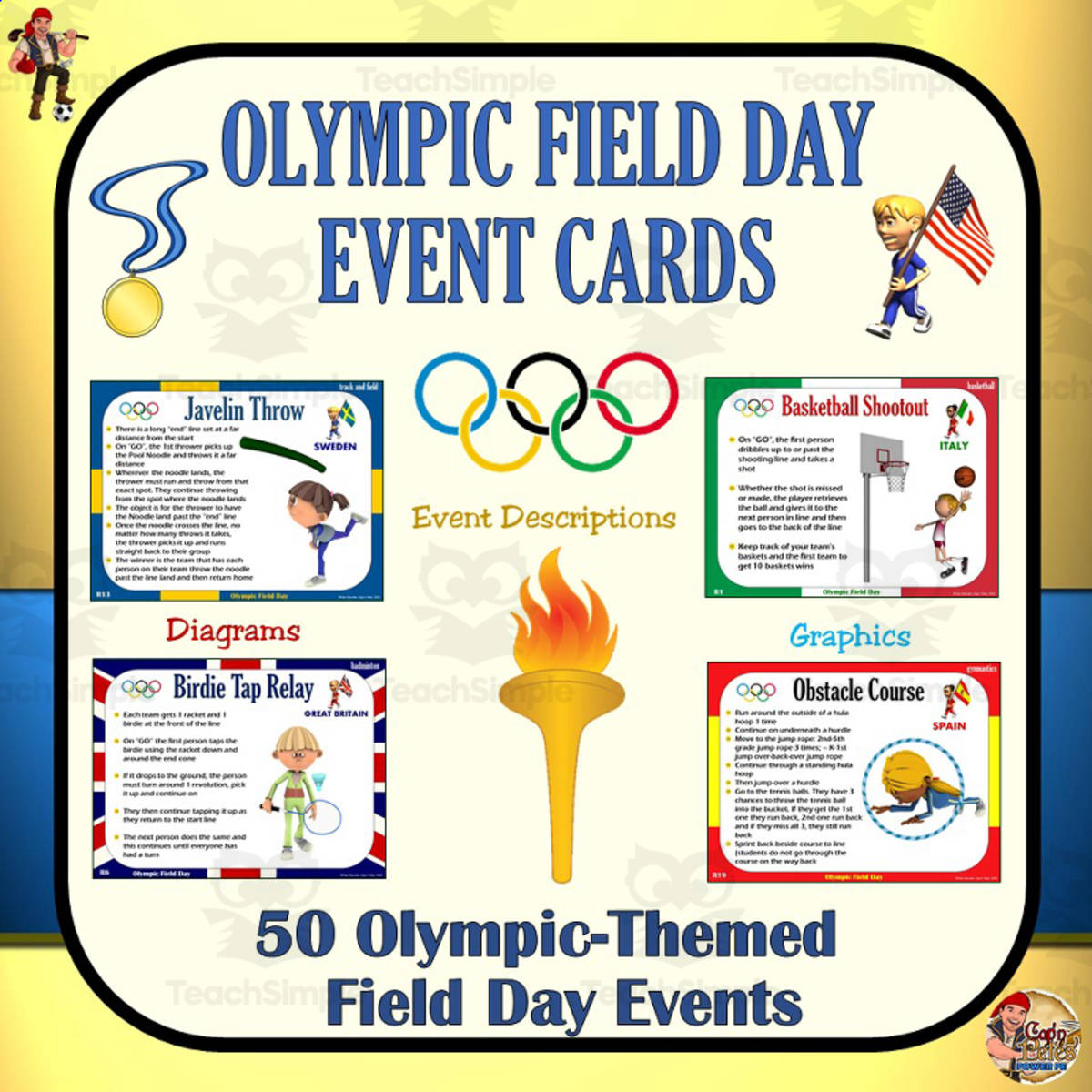 An educational teaching resource from Cap'n Pete's Power PE entitled Olympic Field Day Event Cards downloadable at Teach Simple.