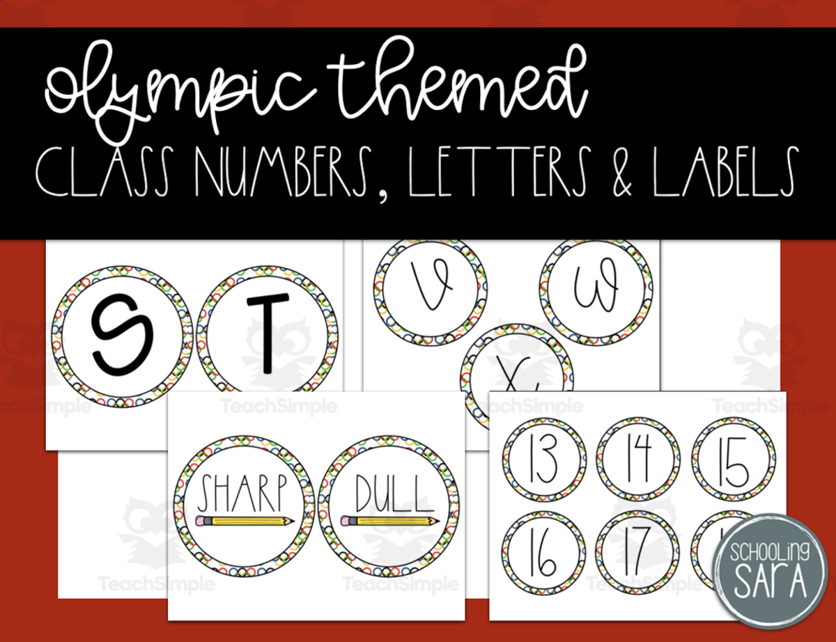 An educational teaching resource from SchoolingSara entitled Olympic Themed Class Numbers, Word Wall Letters, and Sharp/Dull Labels downloadable at Teach Simple.