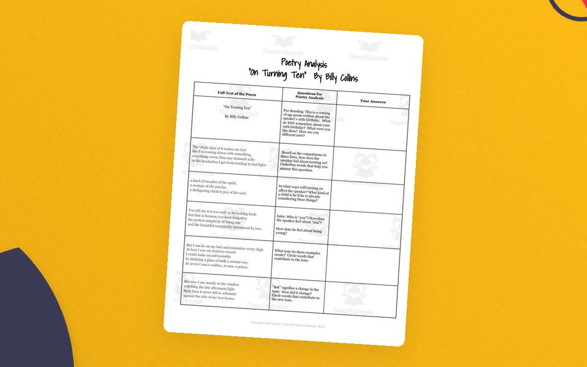 An educational teaching resource from The Red-Haired Reader entitled On Turning Ten by Billy Collins line-by-line chunked poetry analysis Google Doc downloadable at Teach Simple.
