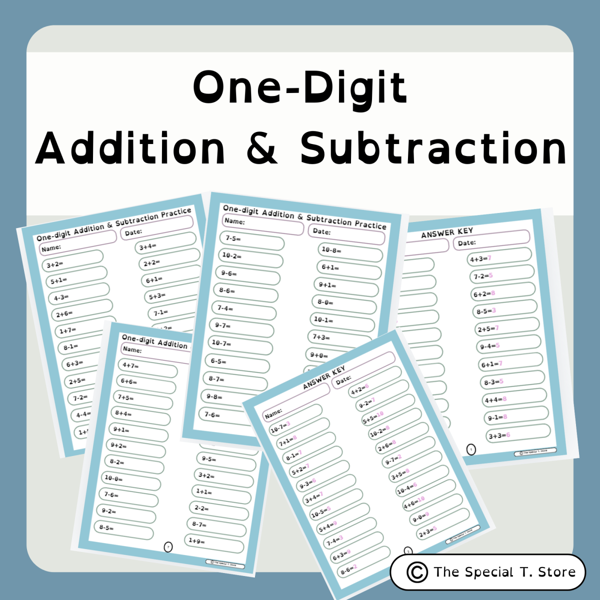 An educational teaching resource from The Special T. Store entitled One-Digit Addition and Subtraction Practice downloadable at Teach Simple.