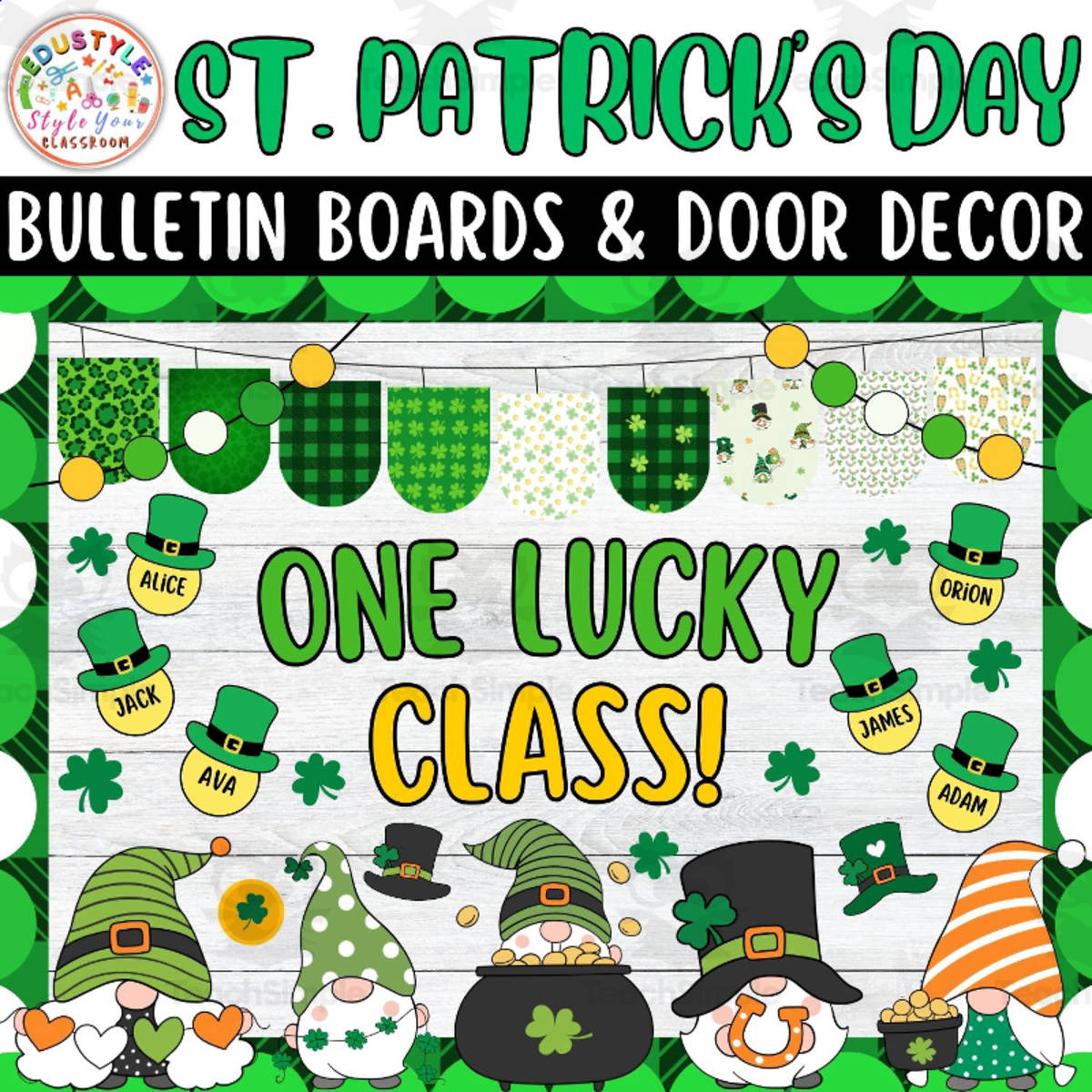 An educational teaching resource from Style Your Classroom entitled One Lucky Class!: St. Patrick's Day Bulletin Boards & Door Decor kits downloadable at Teach Simple.