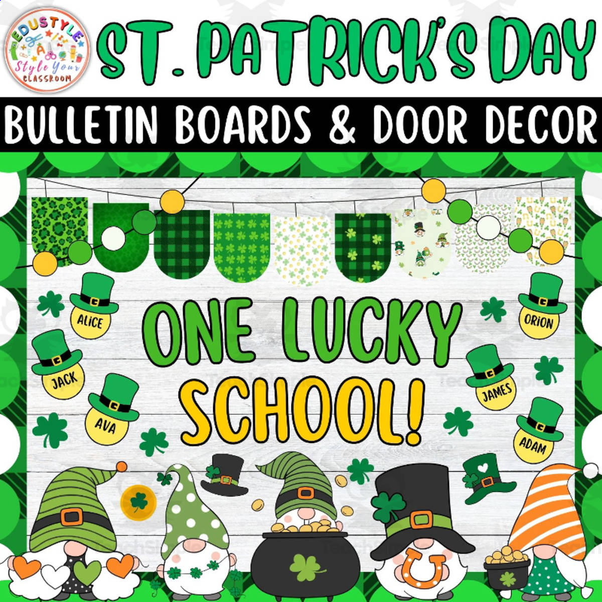 An educational teaching resource from Style Your Classroom entitled One Lucky School!: St. Patrick's Day Bulletin Boards & Door Decor kits downloadable at Teach Simple.