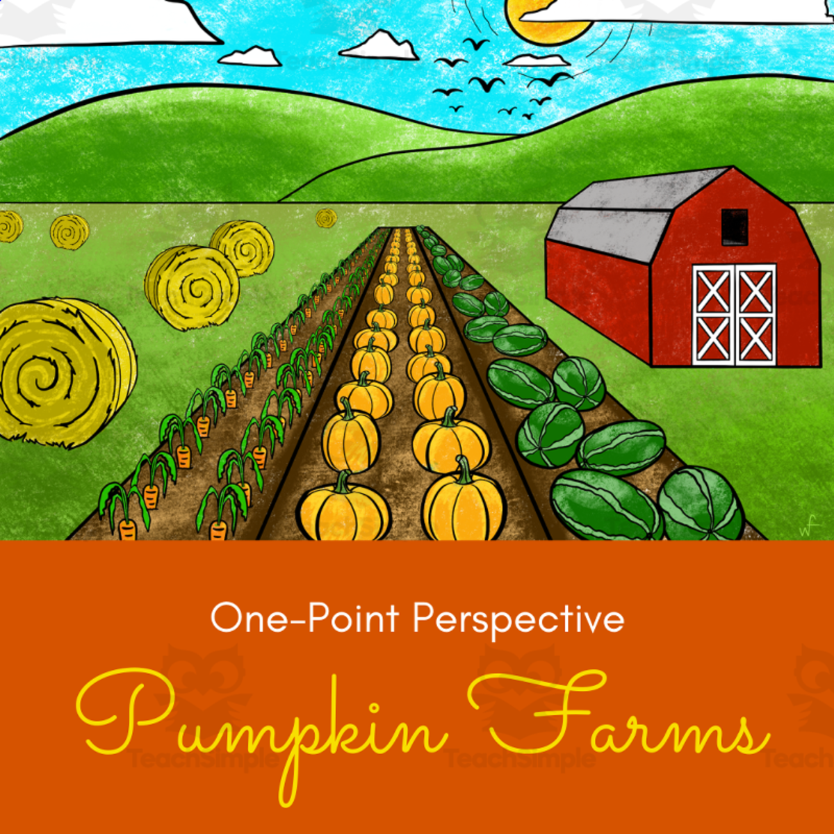 An educational teaching resource from The Art Ninja entitled One-Point Perspective Pumpkin Farms downloadable at Teach Simple.