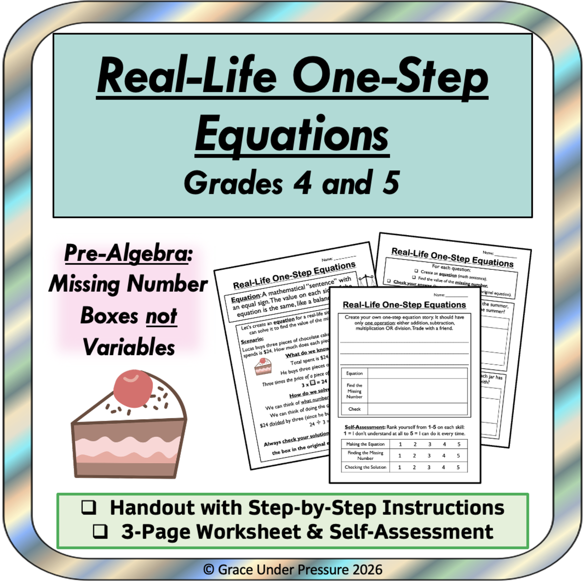 An educational teaching resource from Grace Under Pressure entitled One Step Equations Worksheet: Writing & Solving Real-Life Equations downloadable at Teach Simple.