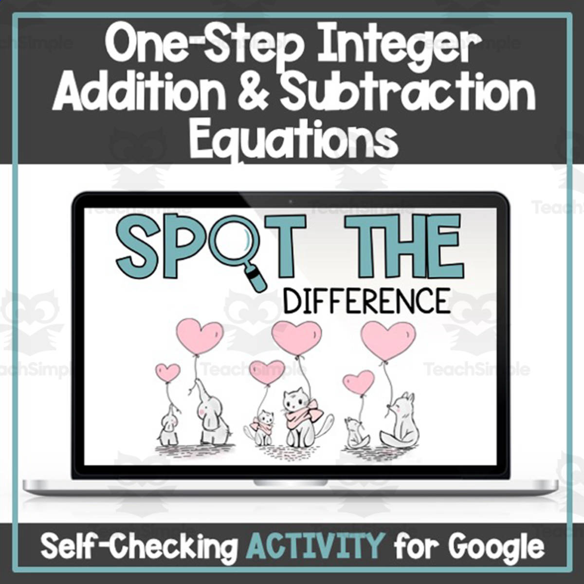 An educational teaching resource from Digitally Yours Shop entitled One-Step Integer Equations (Addition & Subtraction) - Digital Self-Checking Valentine's Day Activity downloadable at Teach Simple.