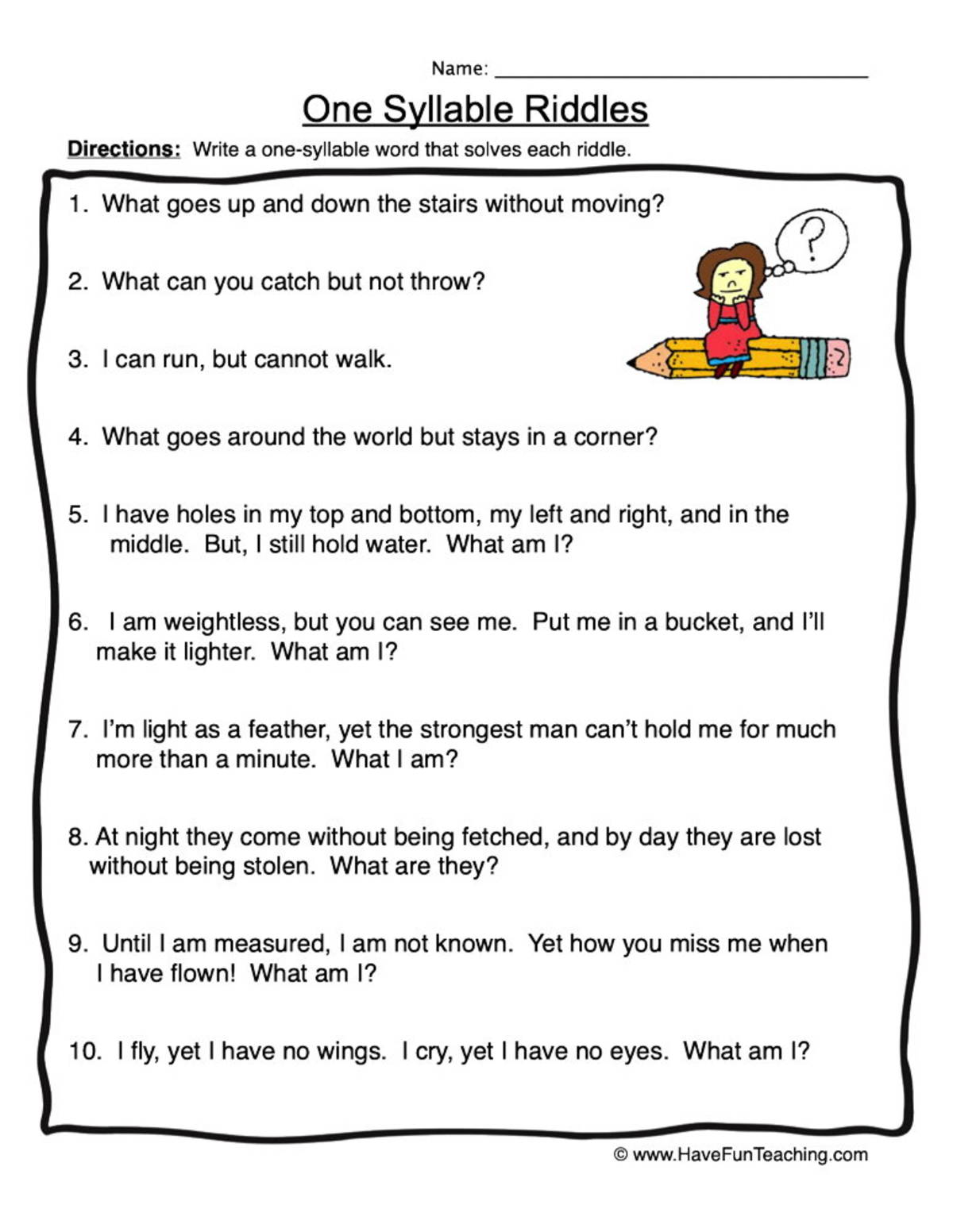 An educational teaching resource from Have Fun Teaching entitled One Syllable Riddles Worksheet downloadable at Teach Simple.
