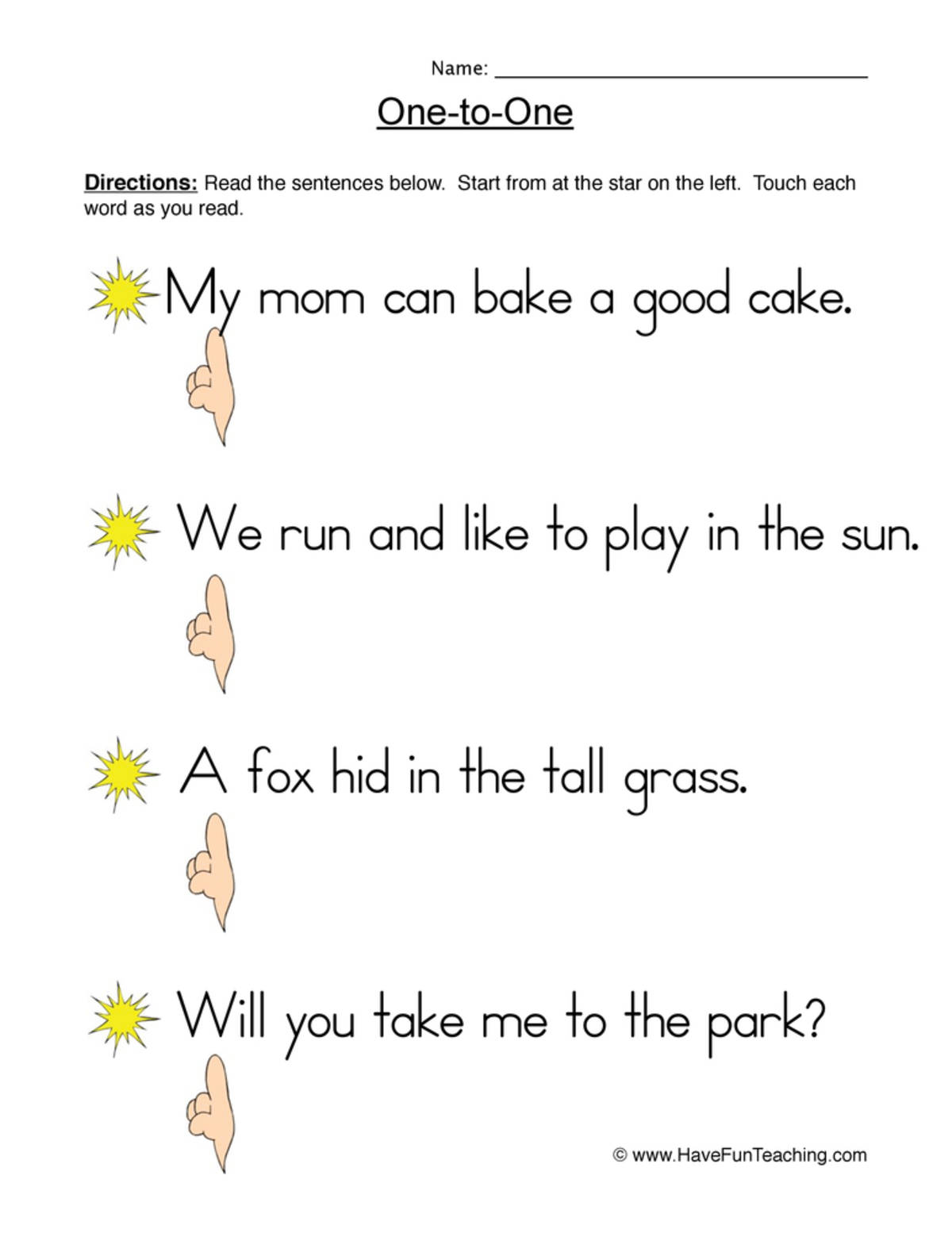 An educational teaching resource from Have Fun Teaching entitled One to One Reading Practice Worksheet downloadable at Teach Simple.