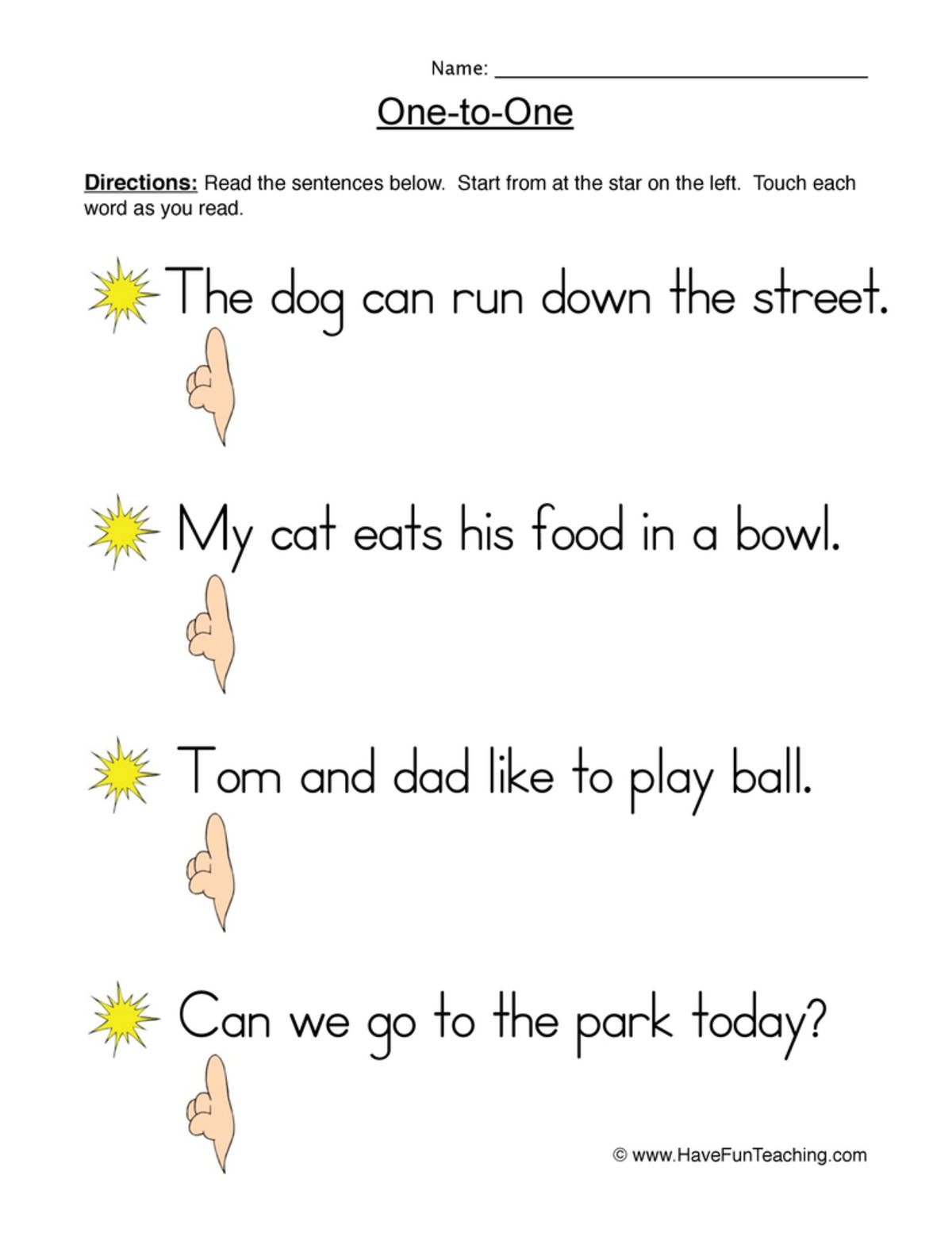 An educational teaching resource from Have Fun Teaching entitled One to One Reading Words Worksheet downloadable at Teach Simple.