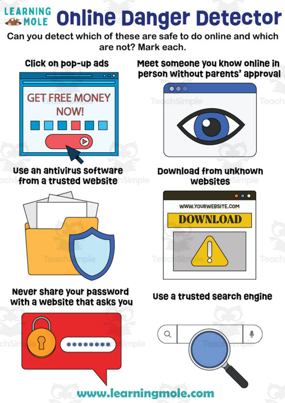 An educational teaching resource from Educational Voice entitled Online Danger Detector Activity downloadable at Teach Simple.