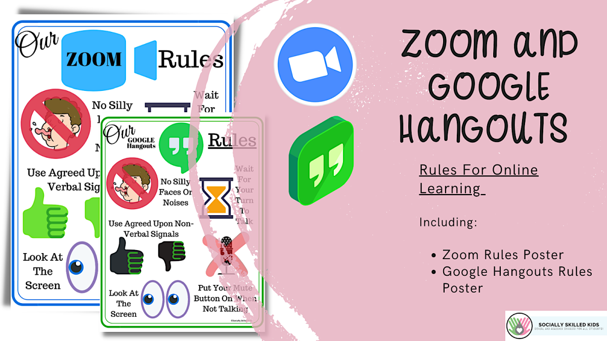 An educational teaching resource from Socially Skilled Kids entitled Online Learning Posters | Zoom Rules and Google Hangouts Rules downloadable at Teach Simple.