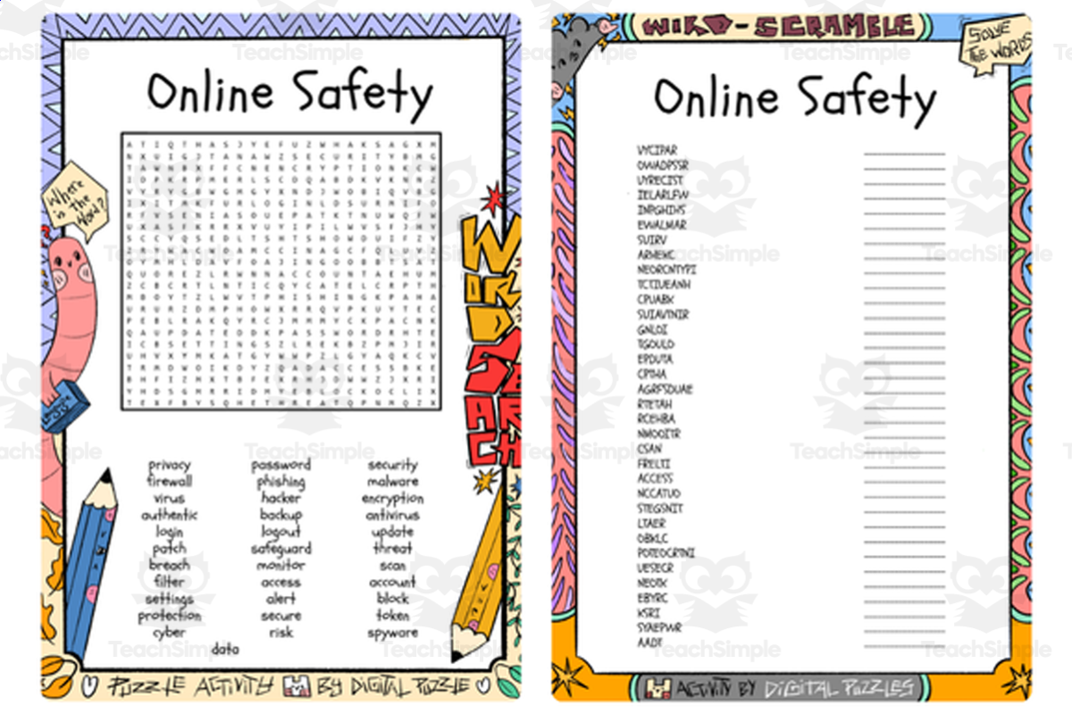 An educational teaching resource from Lapiiin Art Activities entitled Online Safety word search and word scramble downloadable at Teach Simple.