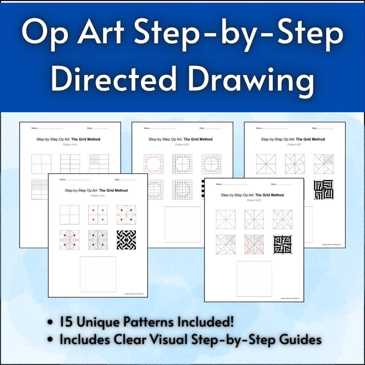 An educational teaching resource from Creative Classroom Collection entitled Op Art Step-by-Step Directed Drawing Worksheets | Grid Method downloadable at Teach Simple.