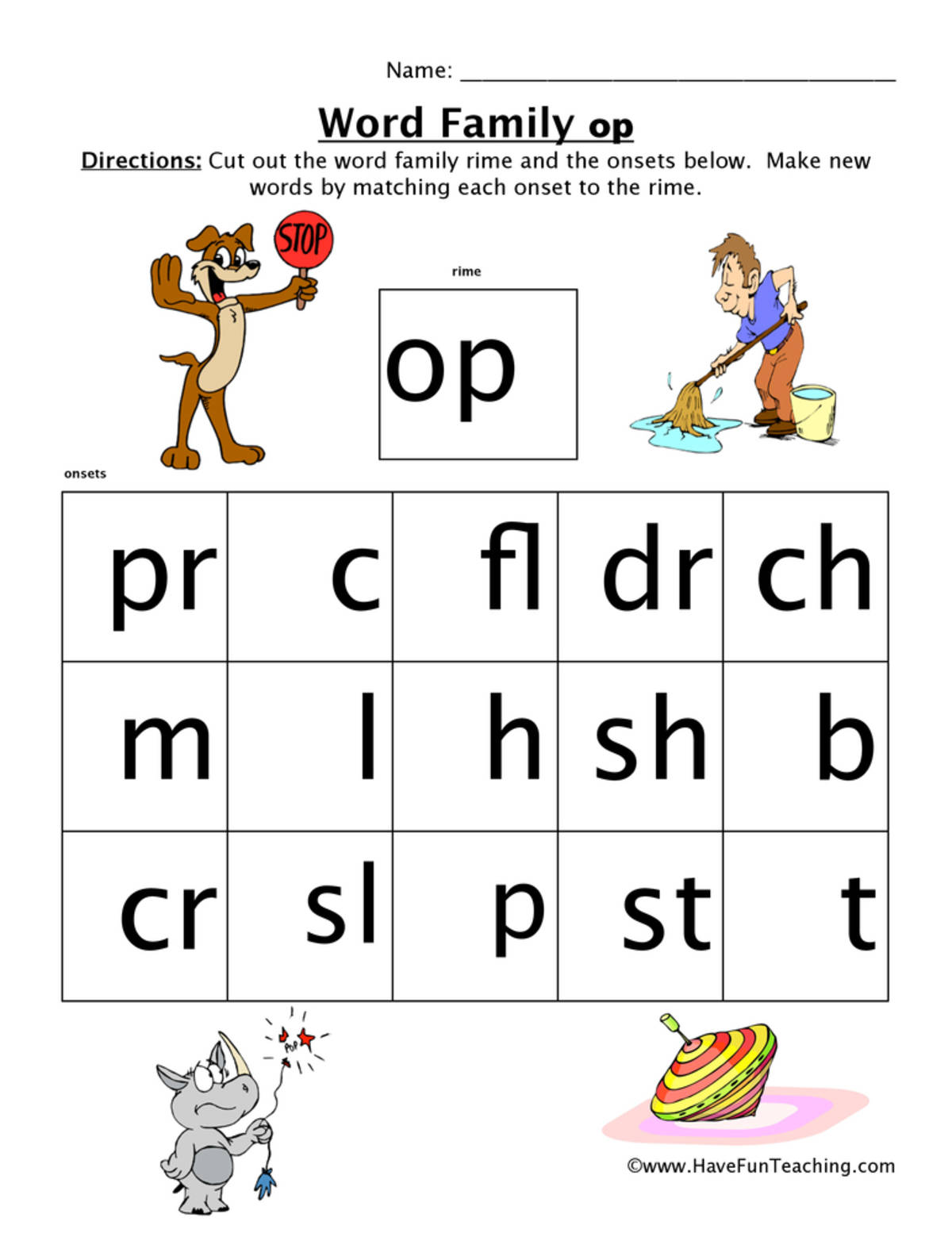 An educational teaching resource from Have Fun Teaching entitled OP Word Family Worksheet downloadable at Teach Simple.