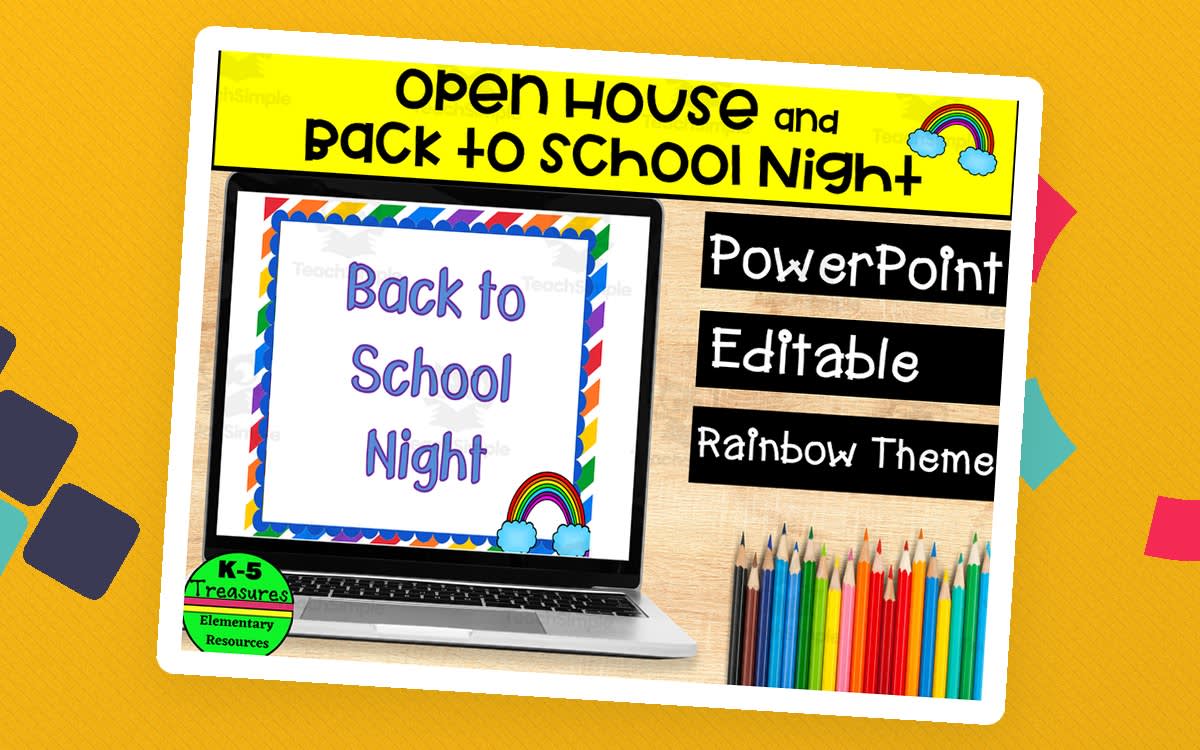 An educational teaching resource from K-5 Treasures entitled Open House / Back to School PowerPoint for Teachers: RAINBOW Theme downloadable at Teach Simple.