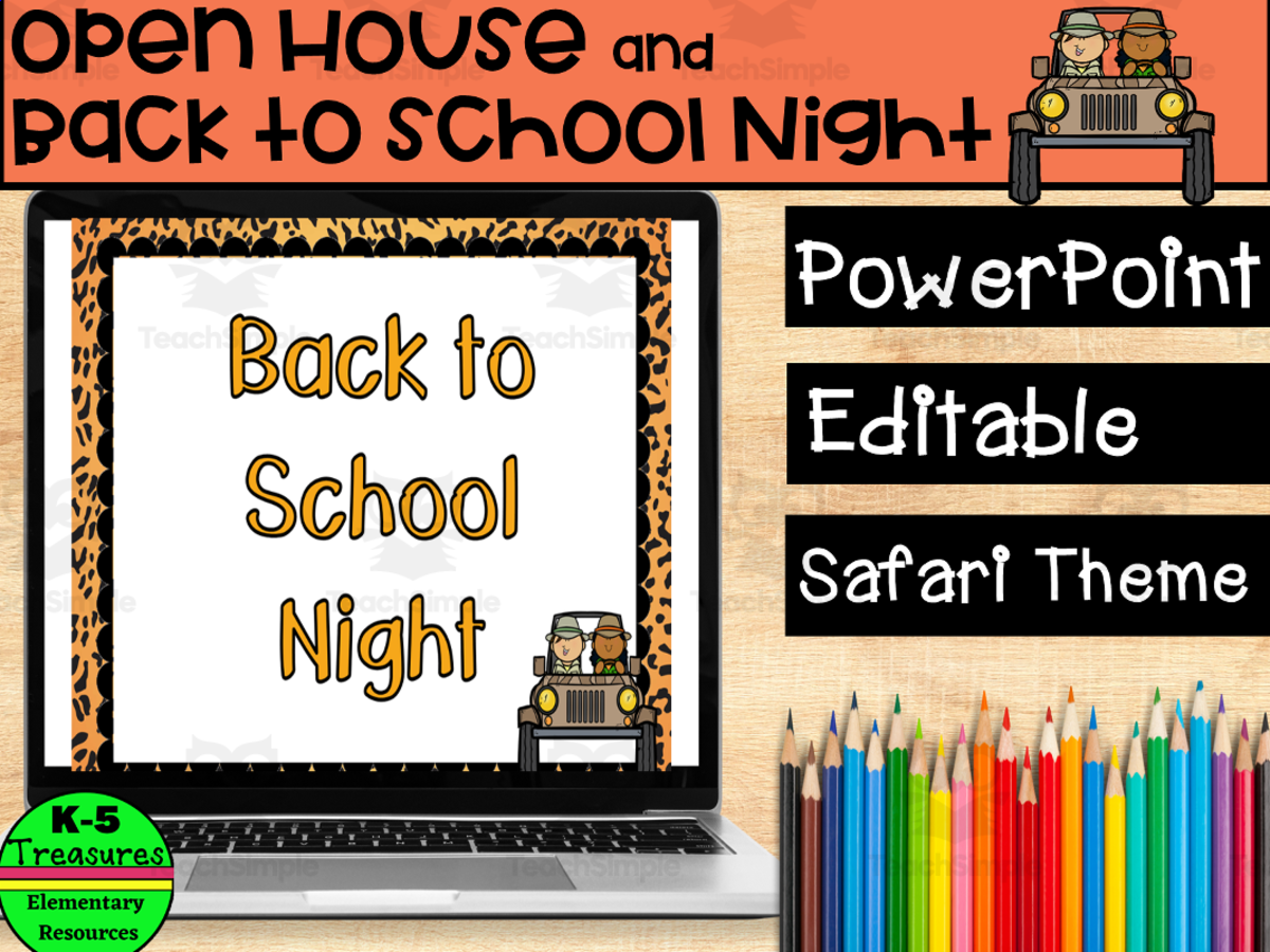 An educational teaching resource from K-5 Treasures entitled Open House / Back to School PowerPoint for Teachers: SAFARI Theme downloadable at Teach Simple.