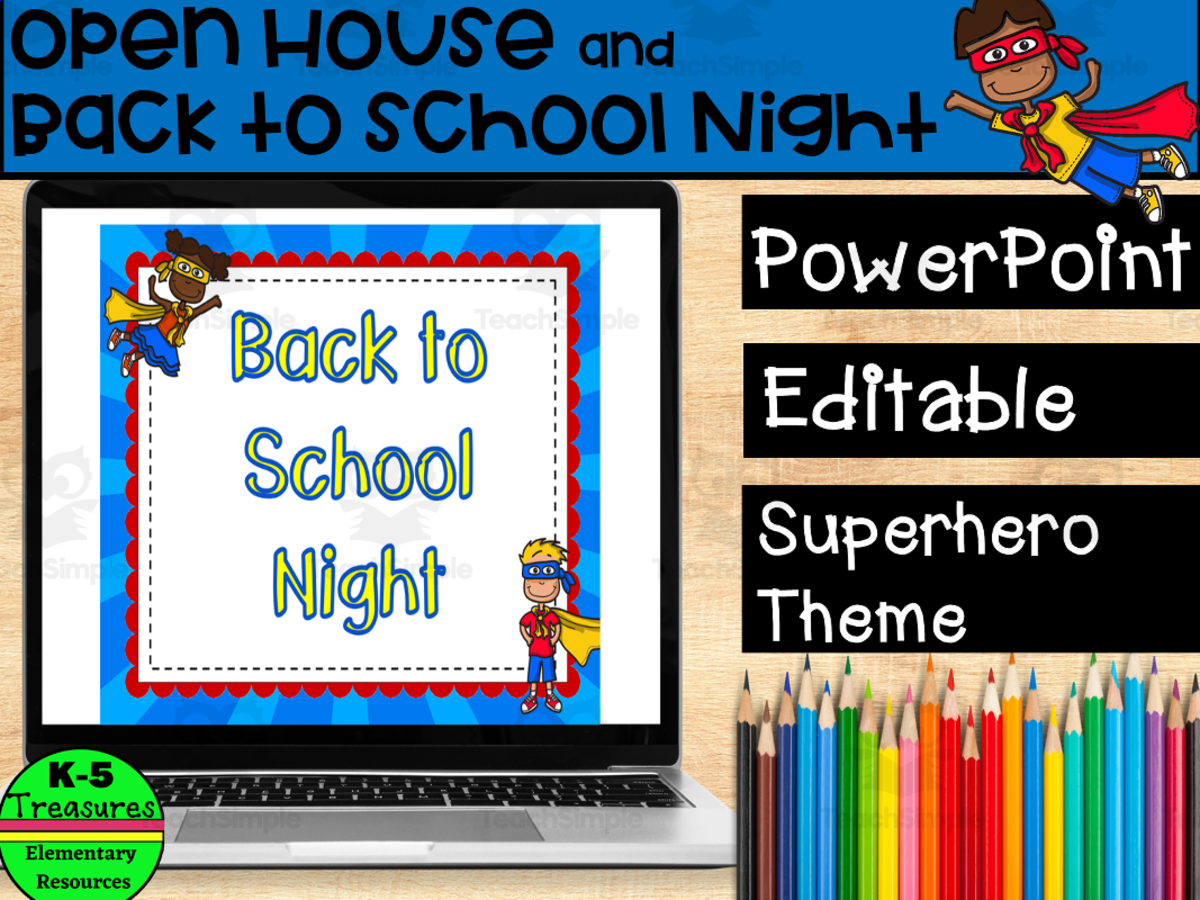 An educational teaching resource from K-5 Treasures entitled Open House / Back to School PowerPoint for Teachers: SUPERHERO Theme downloadable at Teach Simple.