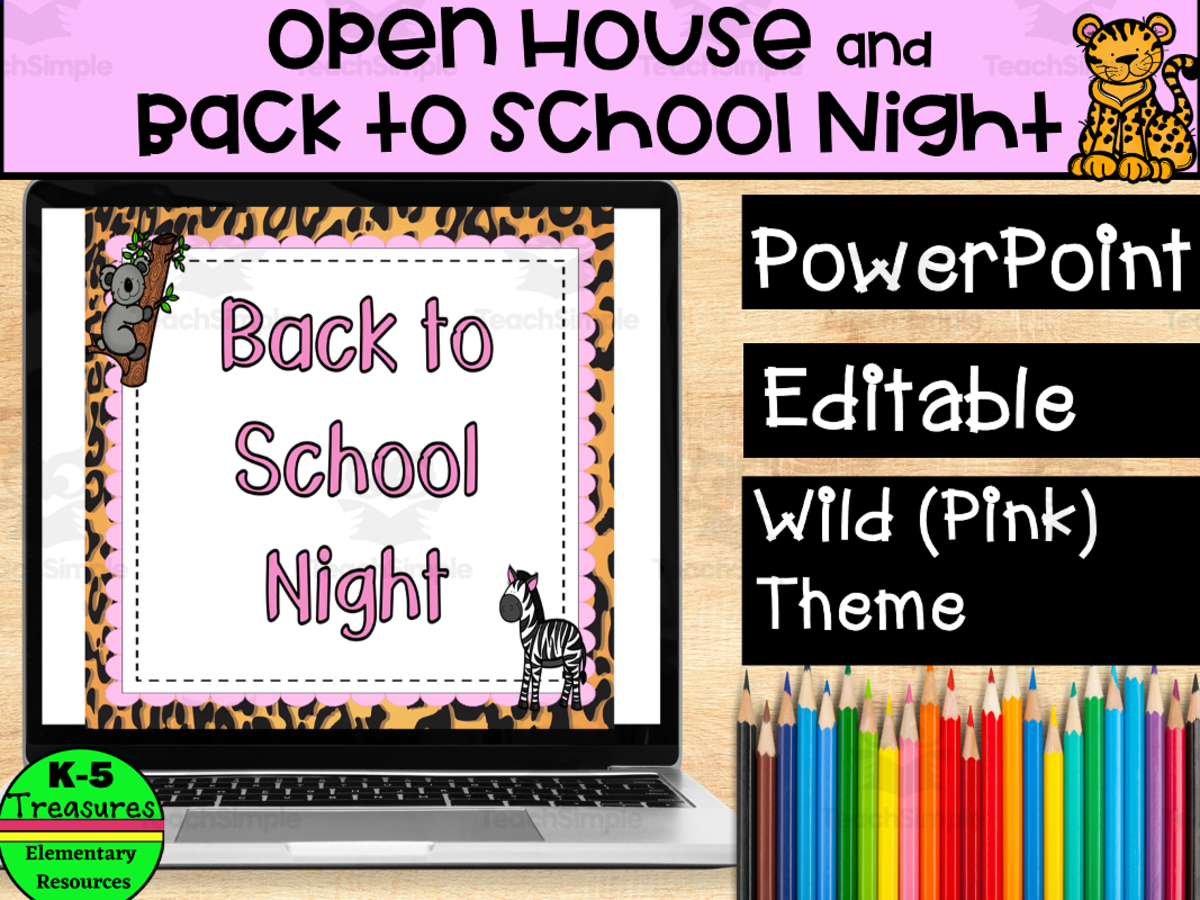 An educational teaching resource from K-5 Treasures entitled Open House / Back to School PowerPoint for Teachers: WILD Pink Theme downloadable at Teach Simple.