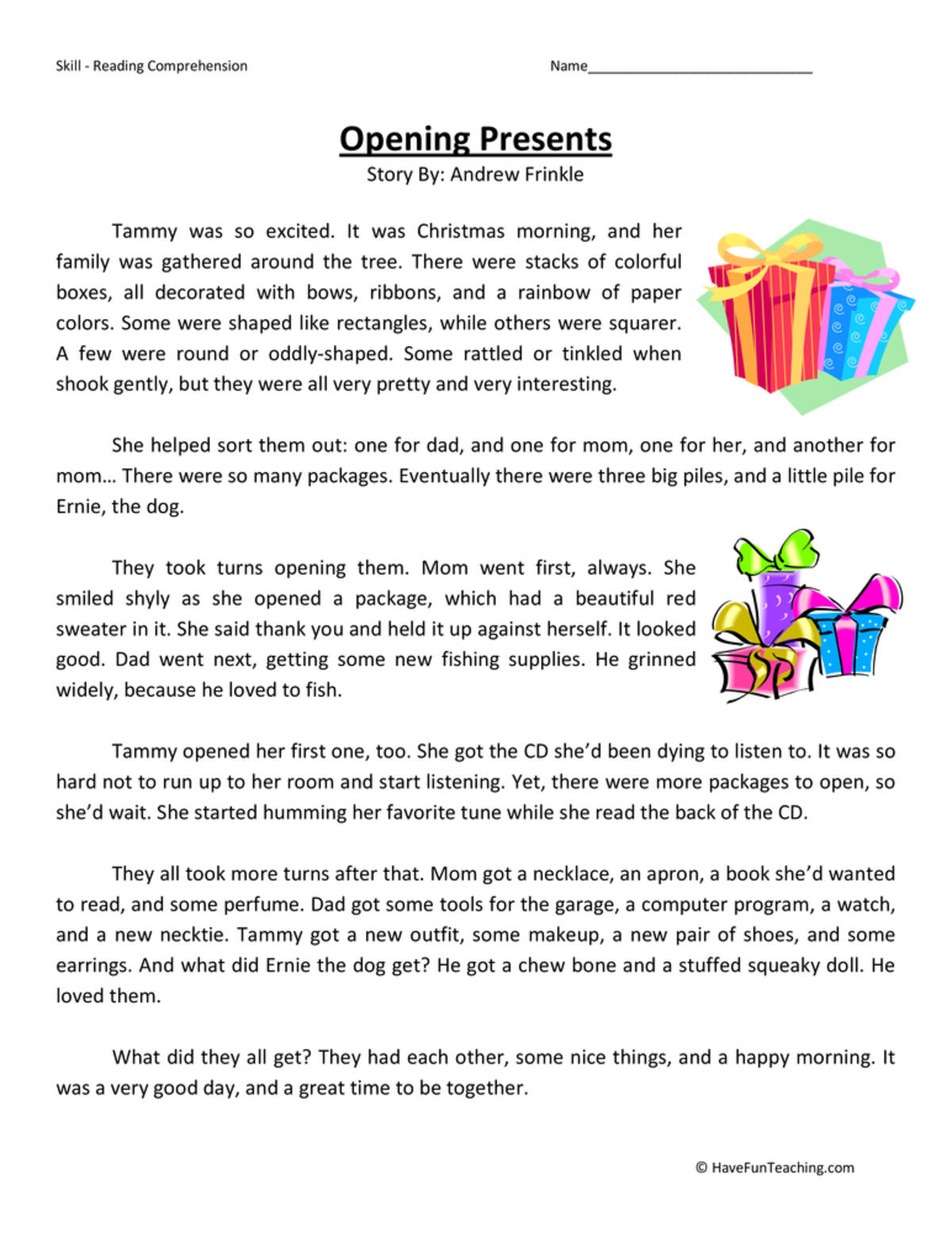 An educational teaching resource from Have Fun Teaching entitled Opening Presents Reading Comprehension Worksheet downloadable at Teach Simple.