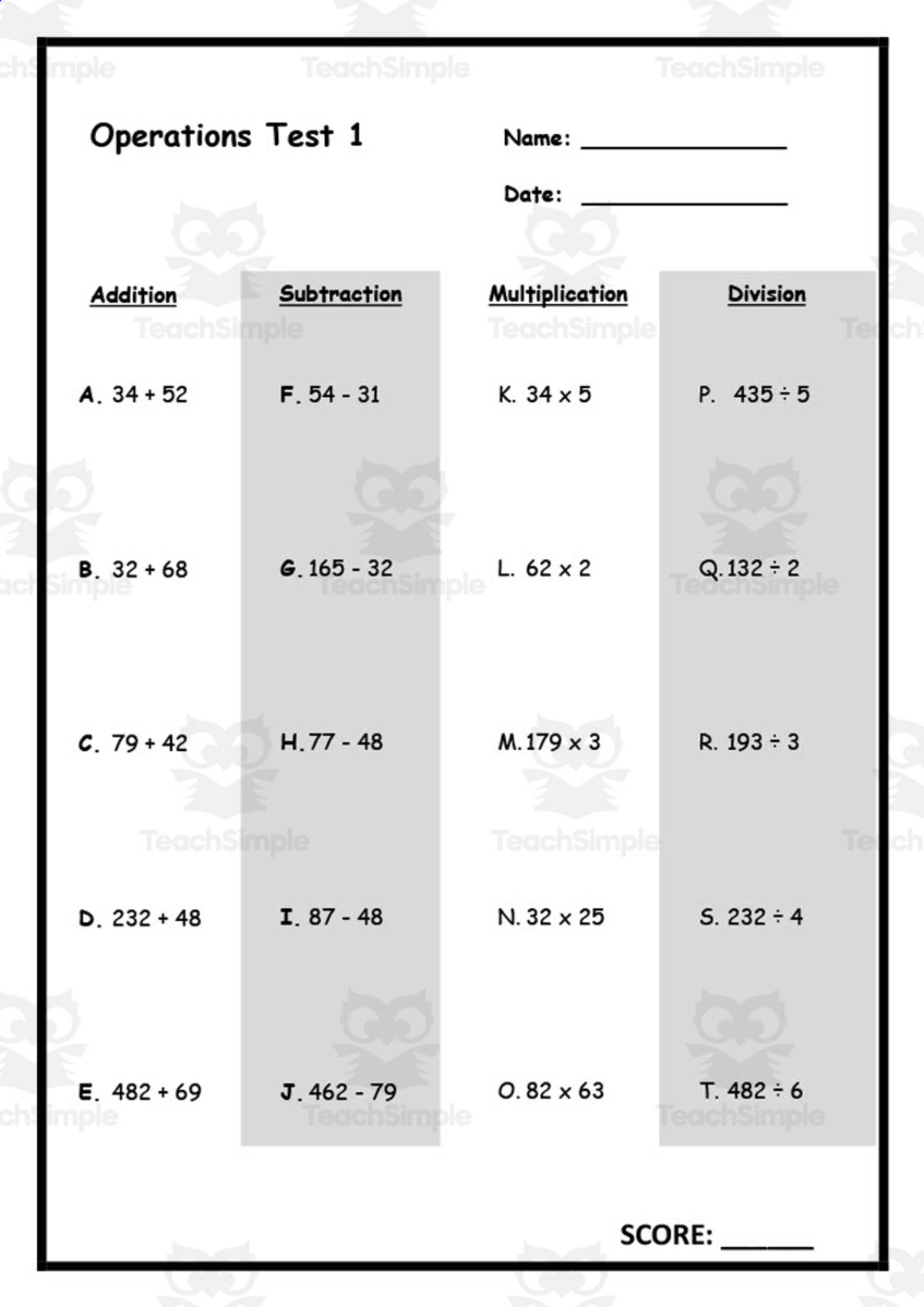 An educational teaching resource from Elementary Resources 4 U entitled Operations Test 1 downloadable at Teach Simple.