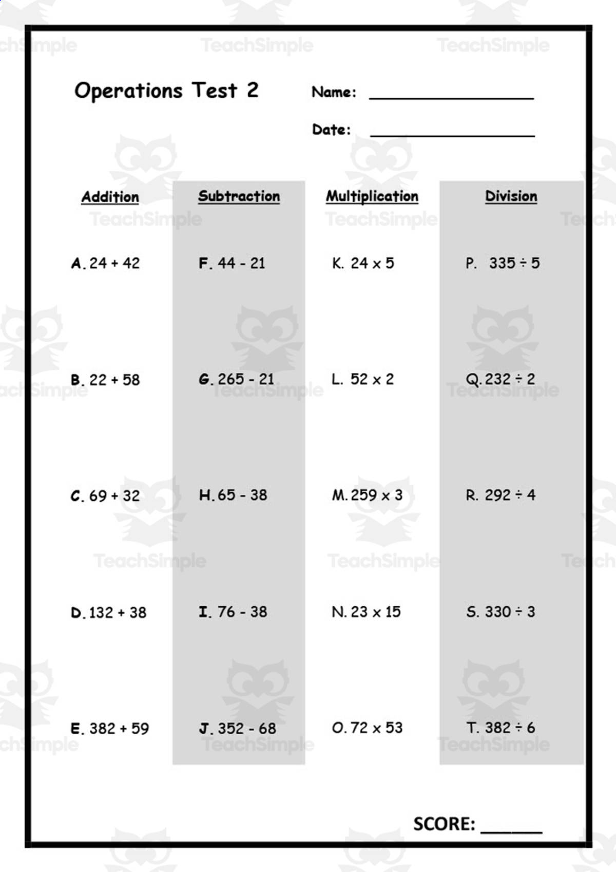An educational teaching resource from Elementary Resources 4 U entitled Operations Test 2 downloadable at Teach Simple.