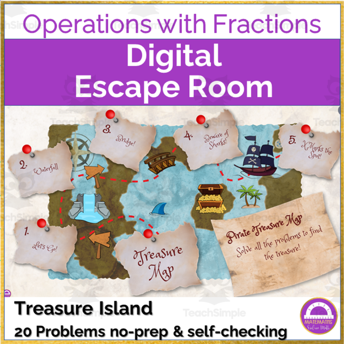 An educational teaching resource from Matemaths entitled Operations with Fractions | Treasure Island Escape Room downloadable at Teach Simple.
