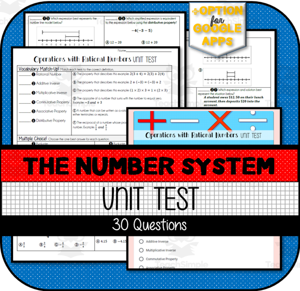 An educational teaching resource from The Math Cafe entitled Operations with Rational Numbers UNIT TEST downloadable at Teach Simple.