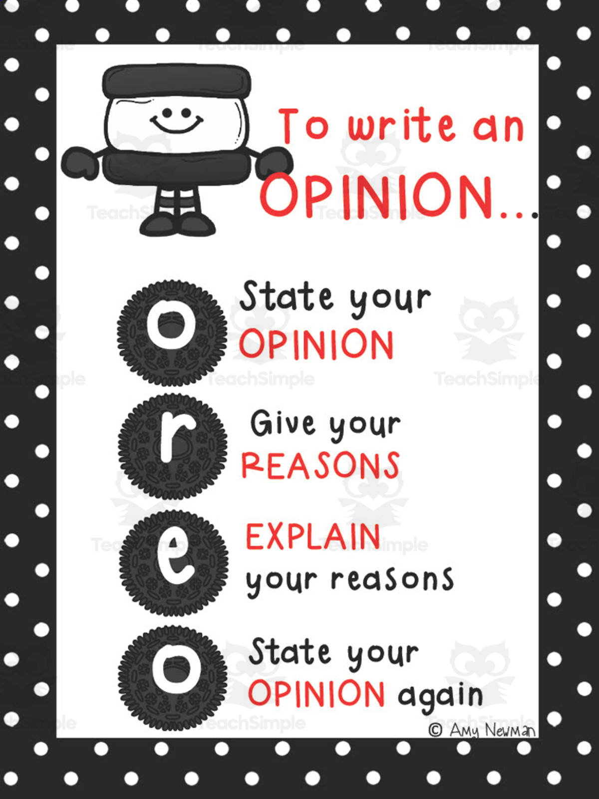 An educational teaching resource from First in Line entitled Opinion Writing Anchor Chart – O.R.E.O. Method downloadable at Teach Simple.
