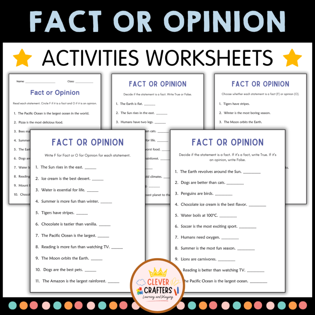 An educational teaching resource from Clever Crafters entitled Opinion Writing and Fact or Opinion Worksheets – Fact vs Opinion downloadable at Teach Simple.