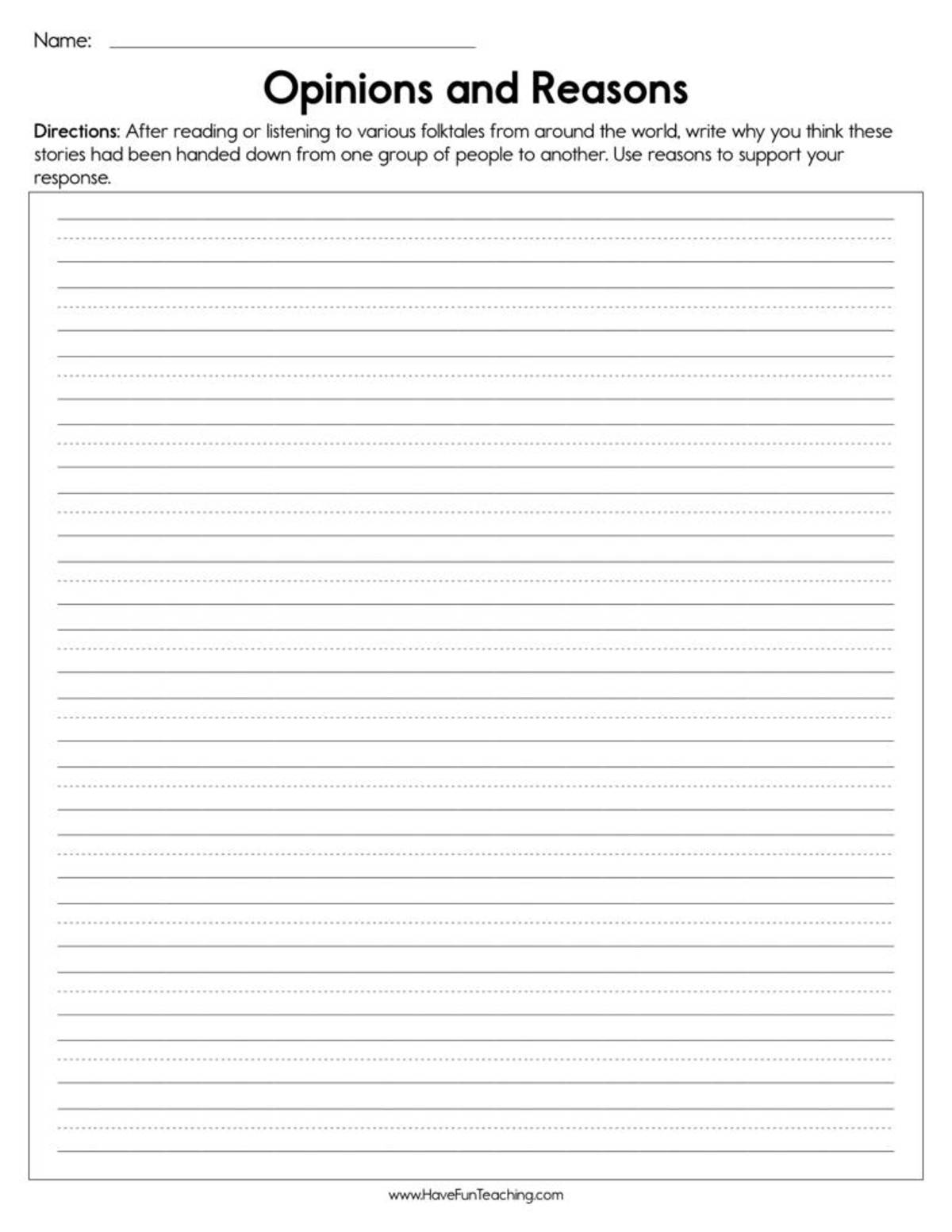 An educational teaching resource from Have Fun Teaching entitled Opinions and Reasons Worksheet downloadable at Teach Simple.