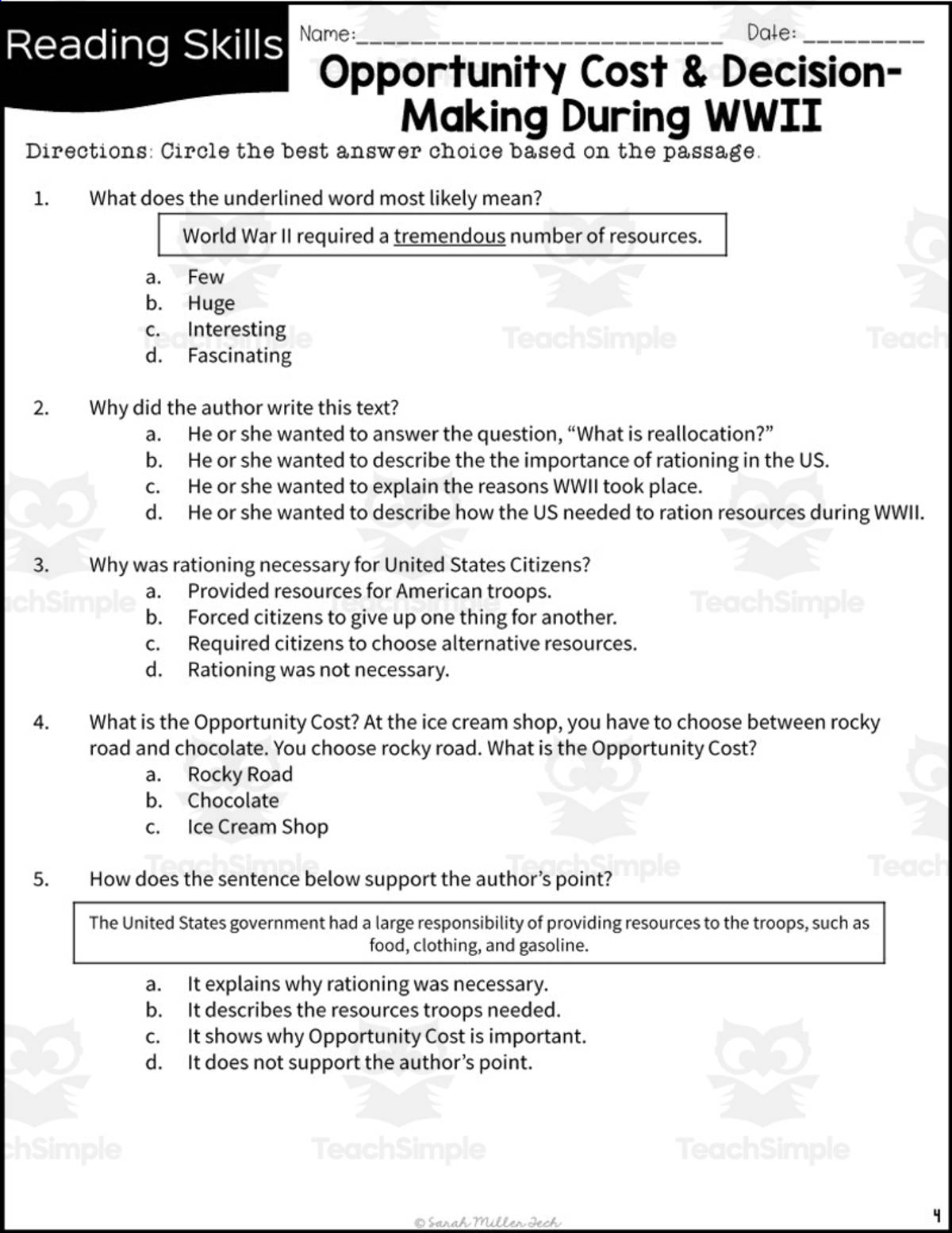 An educational teaching resource from Sarah Miller Tech entitled Opportunity Cost + Decision Making During WWII Reading Packet downloadable at Teach Simple.