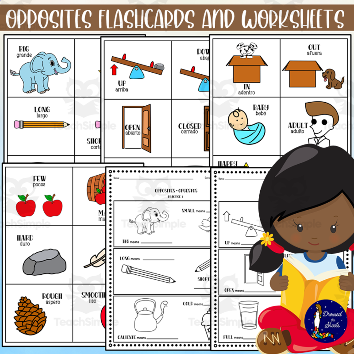 An educational teaching resource from Soumara Siddiqui entitled Opposites Flashcards and Worksheets downloadable at Teach Simple.