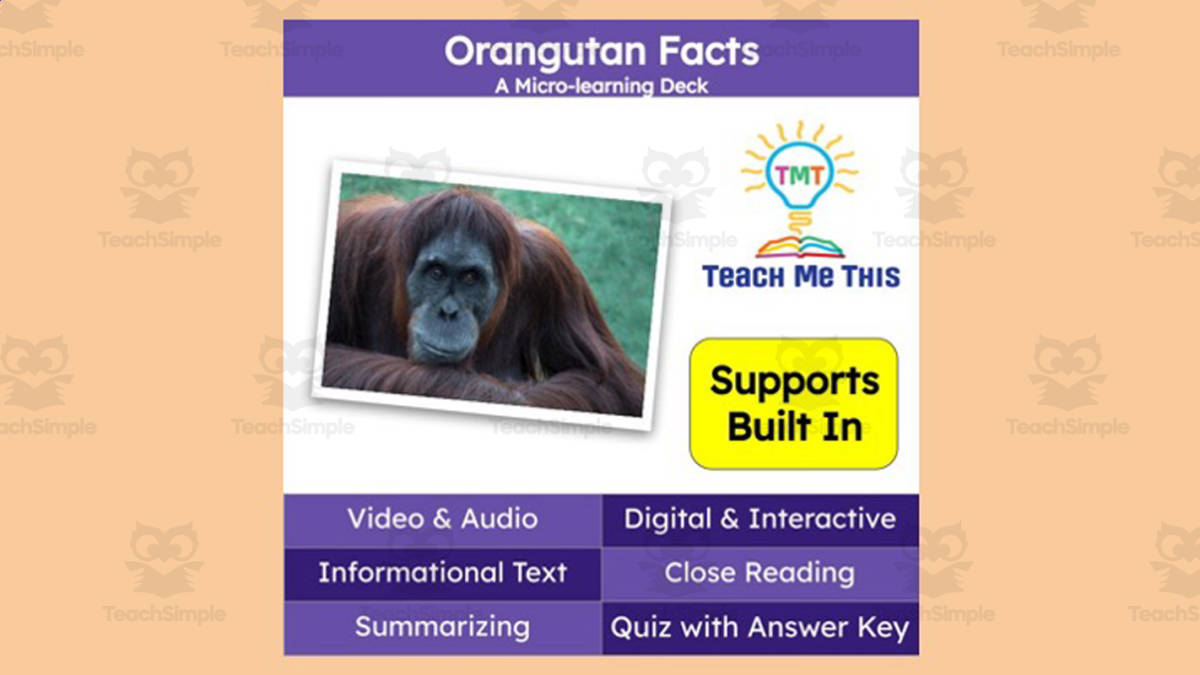 An educational teaching resource from Teach Me This entitled Orangutan Facts | Interactive Science Lesson | Micro-Learning Deck downloadable at Teach Simple.