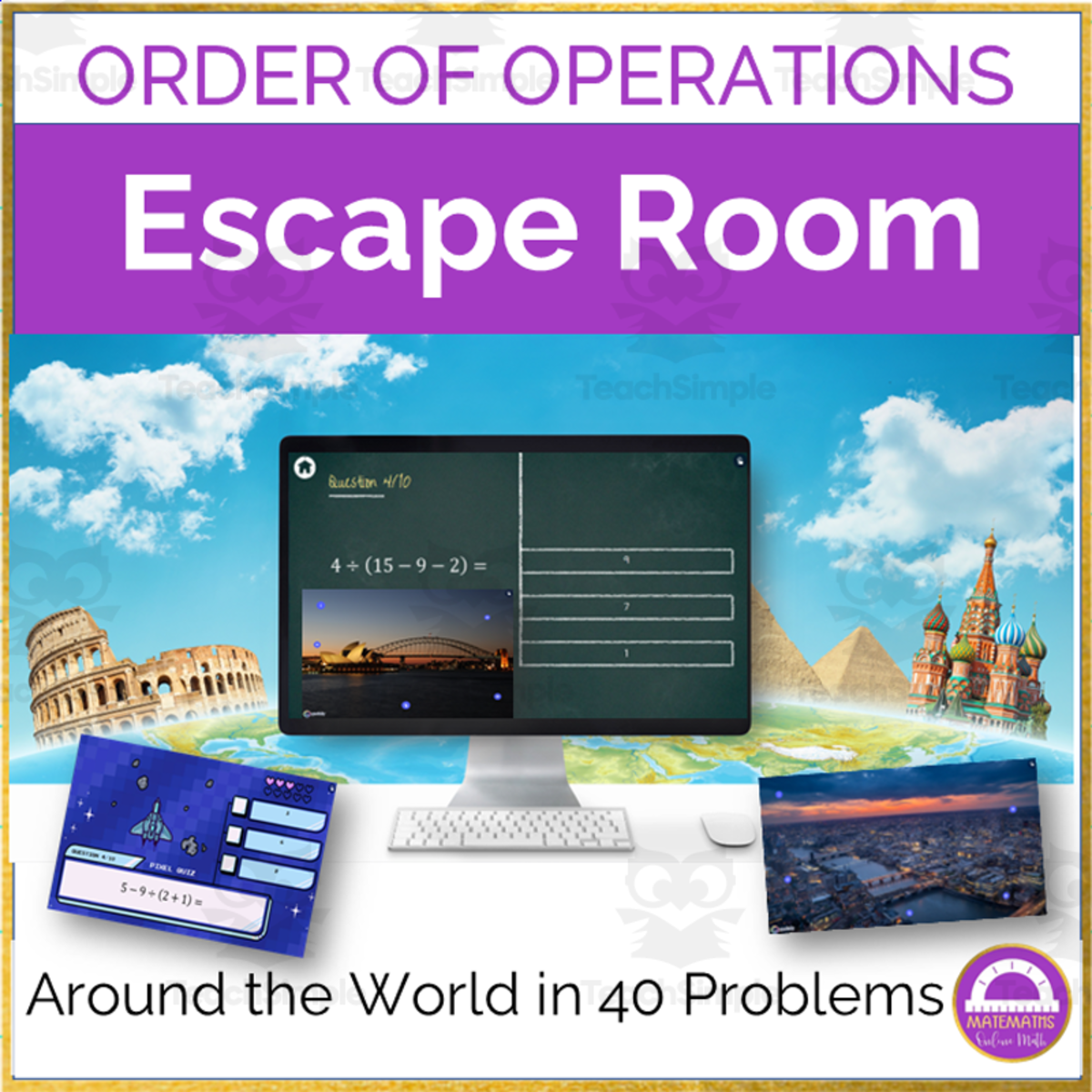 An educational teaching resource from Matemaths entitled Order of Operations Escape Room | Around the world in 40 Problems downloadable at Teach Simple.