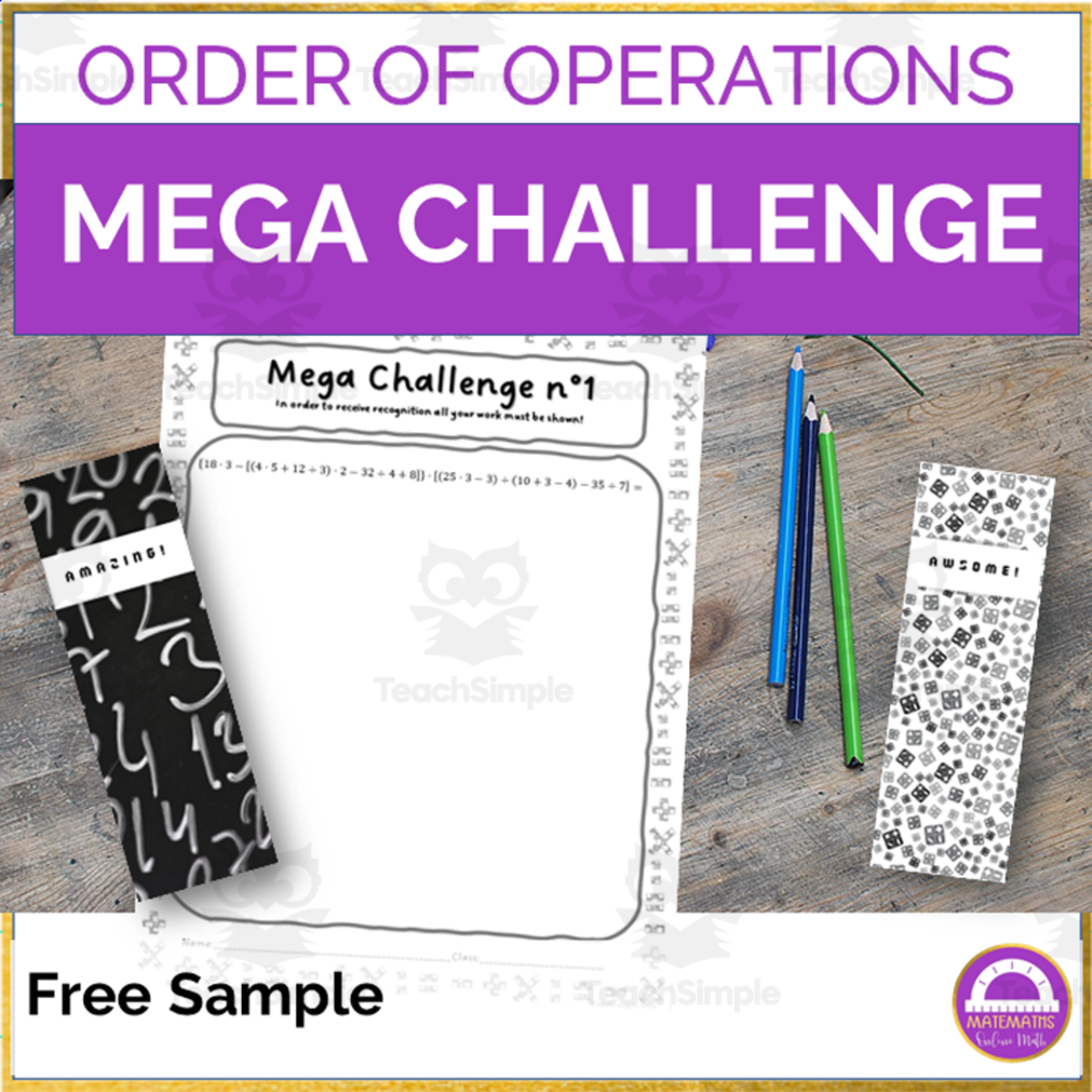 An educational teaching resource from Matemaths entitled Order of Operations Mega Challenge Activity FREE SAMPLE downloadable at Teach Simple.