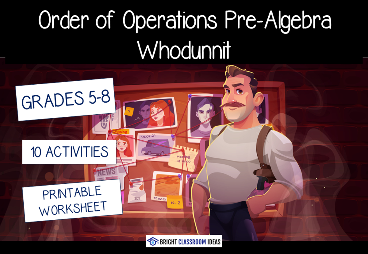 An educational teaching resource from Bright Classroom Ideas Marketplace entitled Order of Operations Pre-Algebra Whodunnit (Grades 5-8) downloadable at Teach Simple.