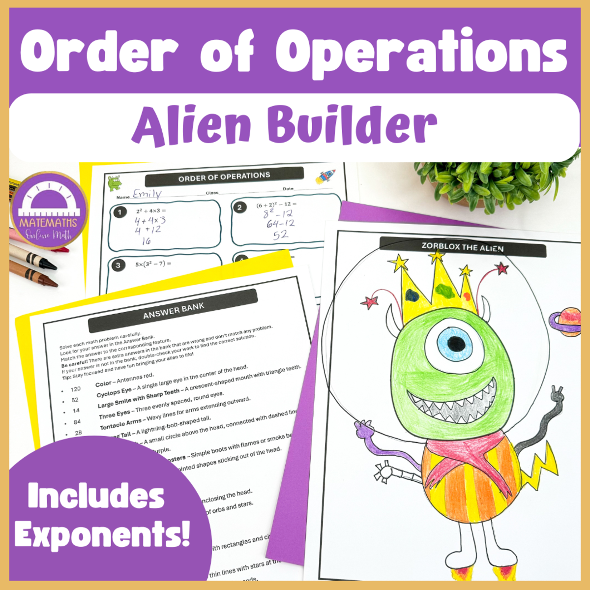 An educational teaching resource from Matemaths entitled Order of Operations with Exponents Printable Activity: Build an Alien downloadable at Teach Simple.