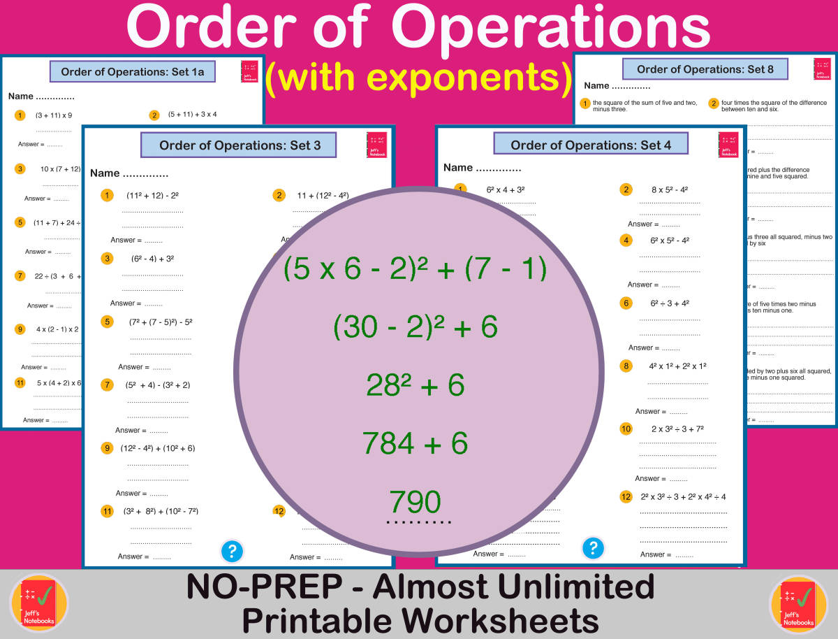 An educational teaching resource from Jeff's Notebooks entitled Order of Operations with Exponents downloadable at Teach Simple.