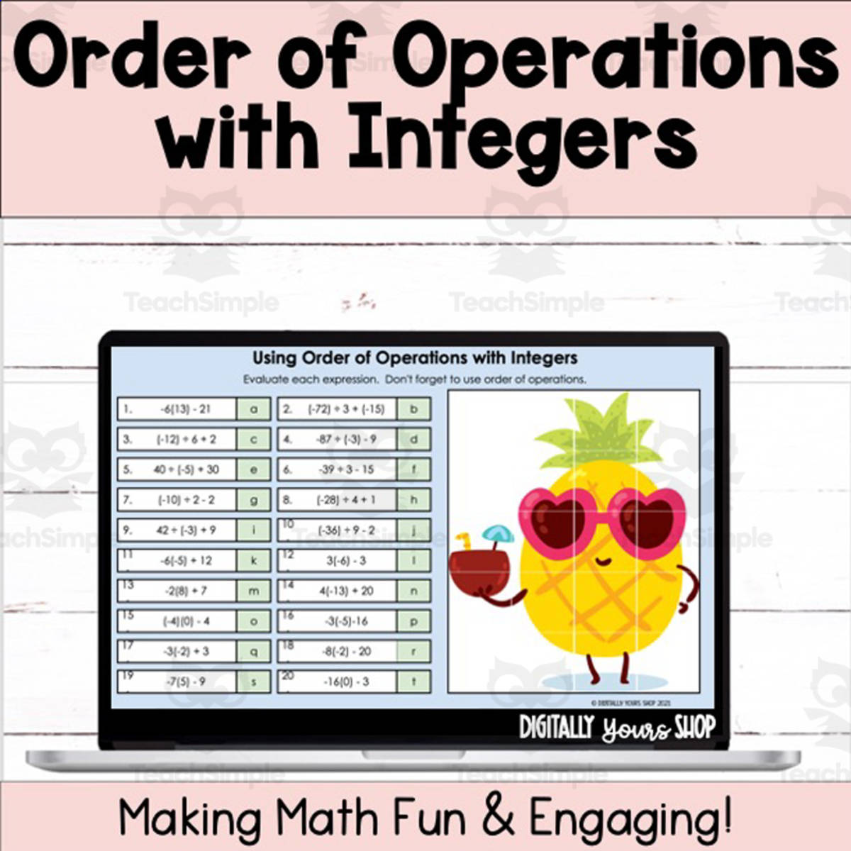 An educational teaching resource from Digitally Yours Shop entitled Order of Operations with Integers Self-Checking Digital Activity downloadable at Teach Simple.